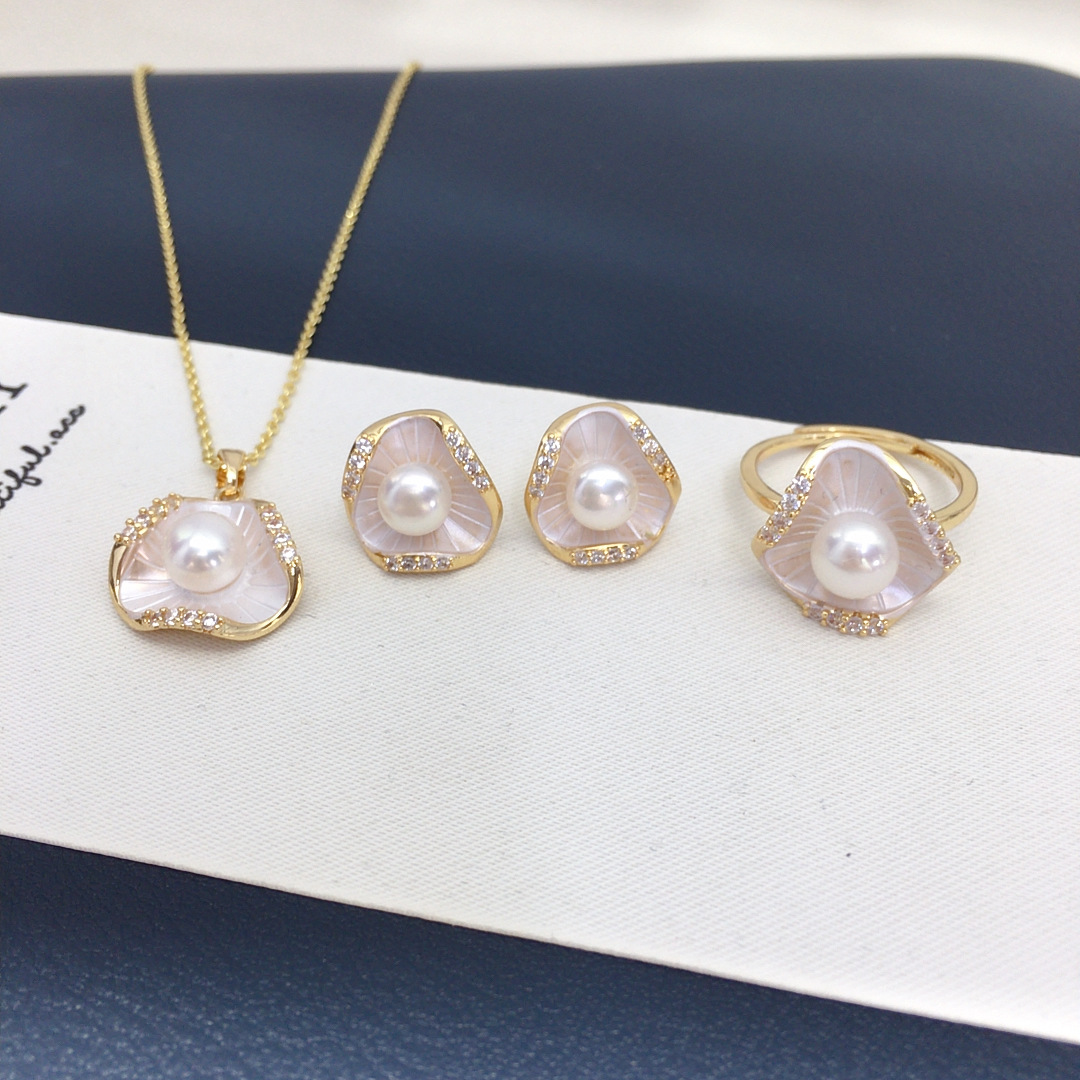 Natural Freshwater Pearl Set Pendant Earrings Ring Irregular Lacquered Lotus Leaf Pearl Jewelry Wholesale Supply