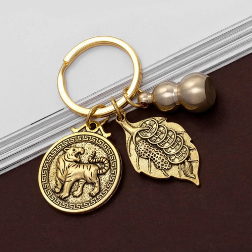 Brass Twelve Zodiac Keychain - wholesale, retro style, one leaf brings wealth, car key holder, gift item