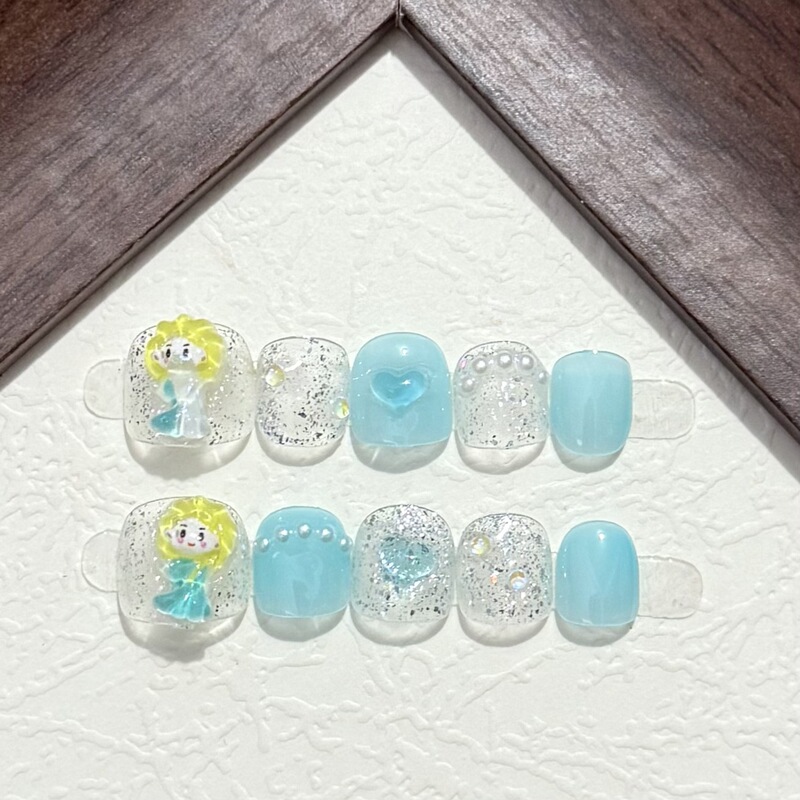 Children's Handmade Wearable Nails, Stereo Cute Princess Elsa's Flash Manicure Cartoon Patches, Handmade Nails Removable