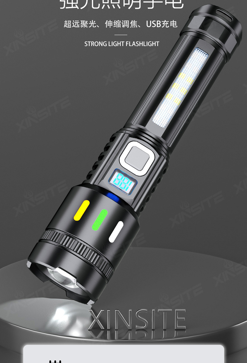 Cross-Border Outdoor High-Intensity Flashlight, White Laser Aluminum Alloy Flashlight, Long-Lasting Battery, Electric Display, Zoomable Handheld Flashlight