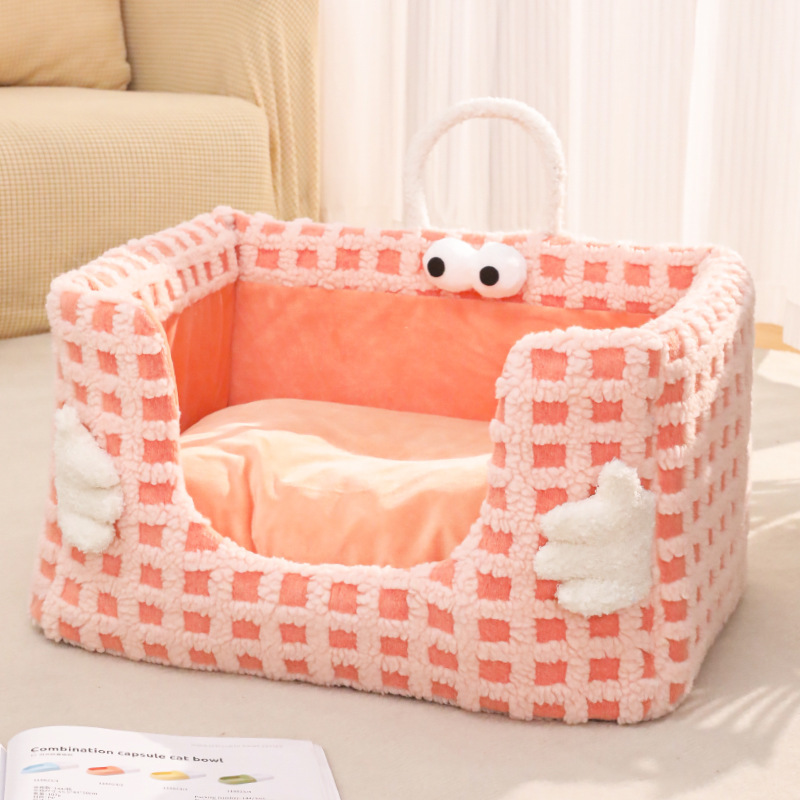 Cama de gato caliente en invierno, lana de luna, abrazando con las manos, esponja, cama de gato semicerrada extra grande, desmontable, perro