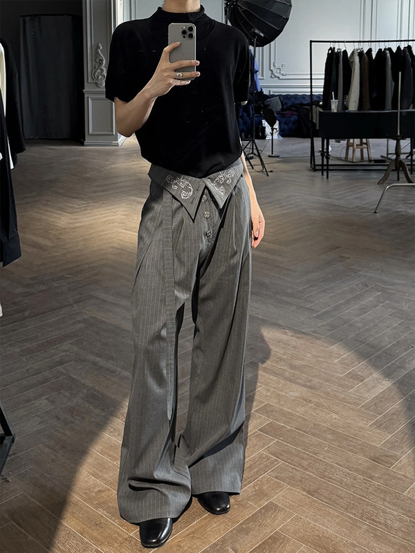 Zen-Inspired Wide-Leg Pants for Men, Summer Pleated Embroidered Striped High-Waisted Samurai-Style Tapered Trousers