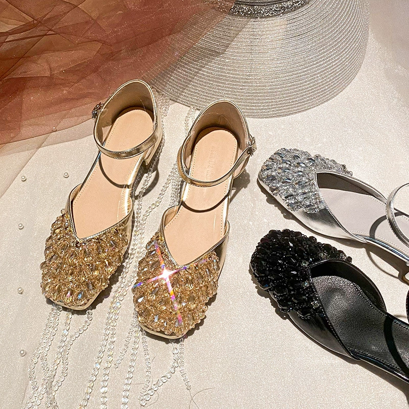 Женские полые босоножки со стразами во французском стиле, летний сказочный стиль, массивный каблук, один ремешок, средний каблук, женская обувь большого размера, размеры от 41 до 43.