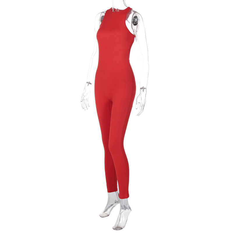 Spring Women Clothing Solid Color Sexy Backless Metal Buckle Sports Yoga Jumpsuit