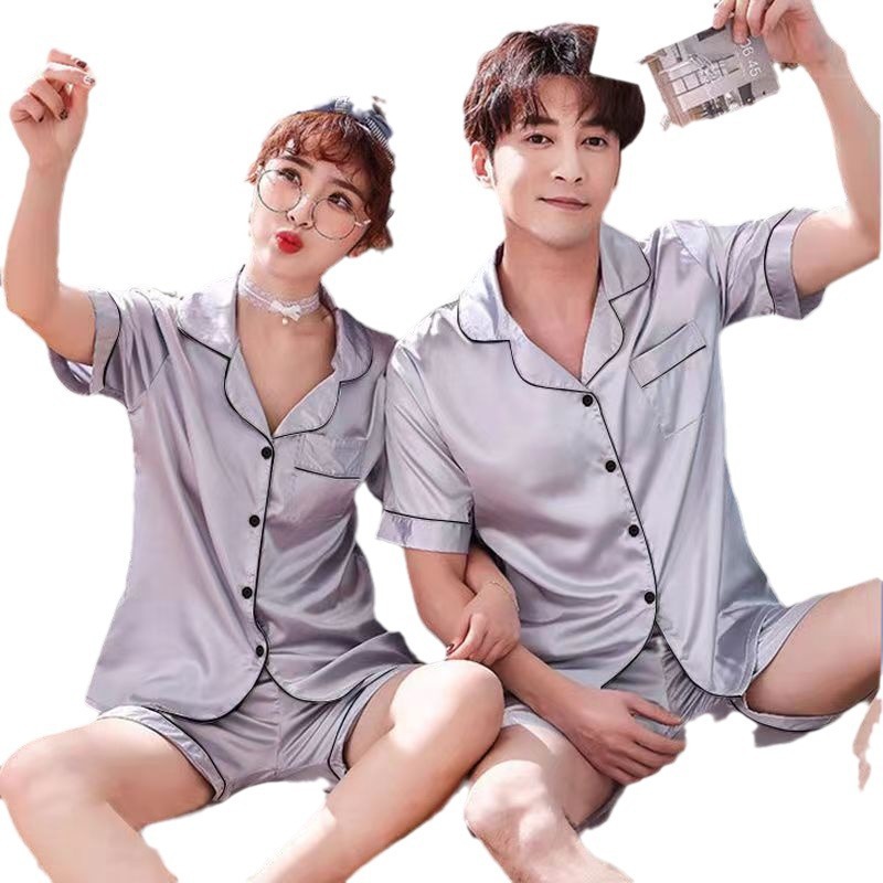 Fabricantes de verano de camisa de dama, pijama de seda de hielo, pantalones cortos de manga corta, set de seda de pareja, ropa de casa de verano para hombres