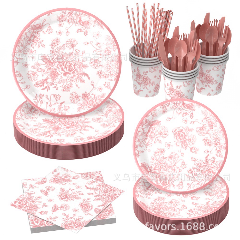 Primavera rosa flor decoración de fiesta fiesta fiesta de cumpleaños bandeja de papel desechable taza de papel toalla de papel juego de vajilla