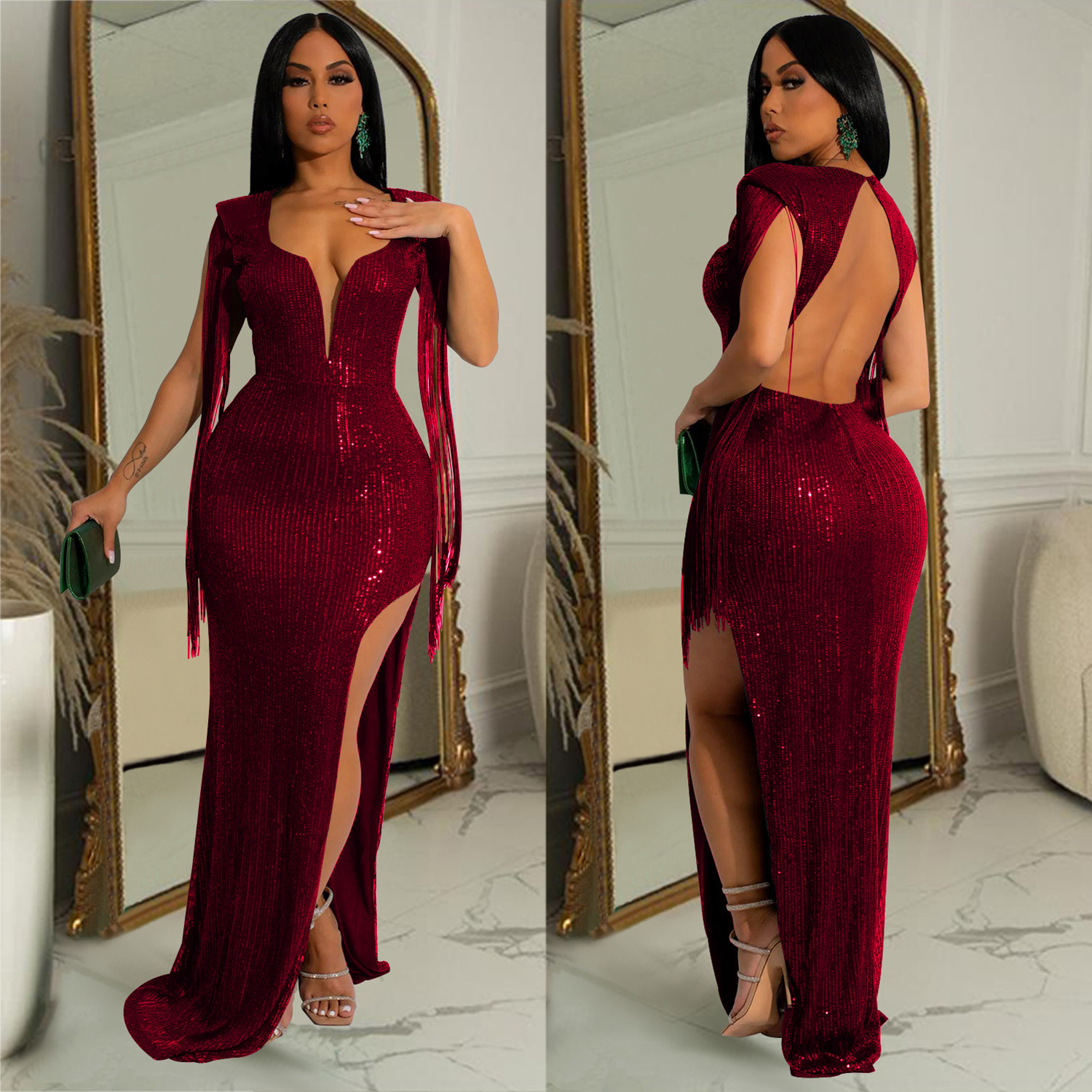 X6148 AliExpress Amazon moda europea y americana ropa de mujer de color sólido lentejuelas borla sin mangas con cuello en V vestido sin espalda mujeres image 4