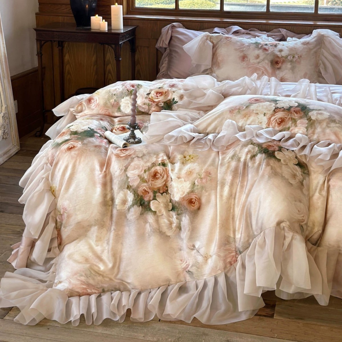 French Romantic Floral Lyocell Cotton Four-Piece Set Spring and Summer Cool Retro Style Printed and Dyed Silky Duvet Cover Bedding