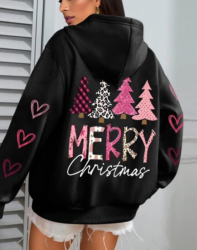 Foreign Trade Merry Christmas Pink Tree Print Women's Hoodie Autumn Loose Casual Pocket Fleece Pullover