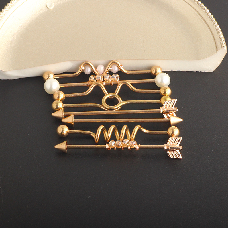 Nine Treasure Gold Industrial Barbell Earrings Set - Stainless Steel Double Ear Holes Bridge Ear Stud for Cartilage Piercing detail image 7