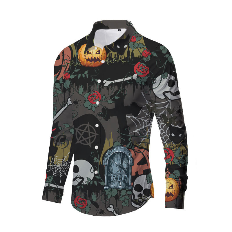 Europa y América nueva transfronteriza más TAMAÑO DE Halloween impreso de horror de los hombres delgados de moda impreso camisa de manga larga top