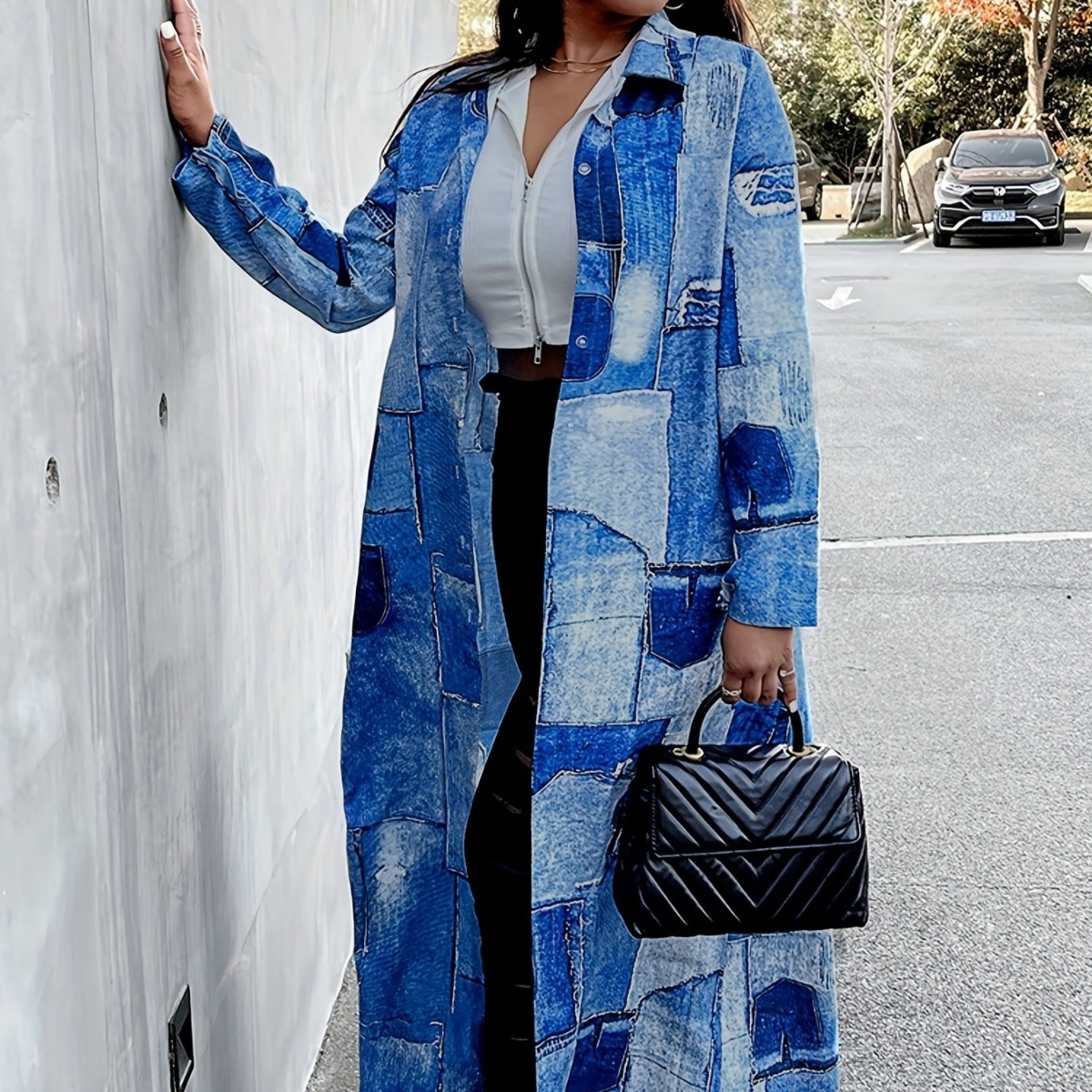 Damen-Trenchcoat in Übergröße mit farblich abgesetztem Denim-Print – Modisch, vielseitig, für Frühling und Herbst – Bestseller_voghion.com