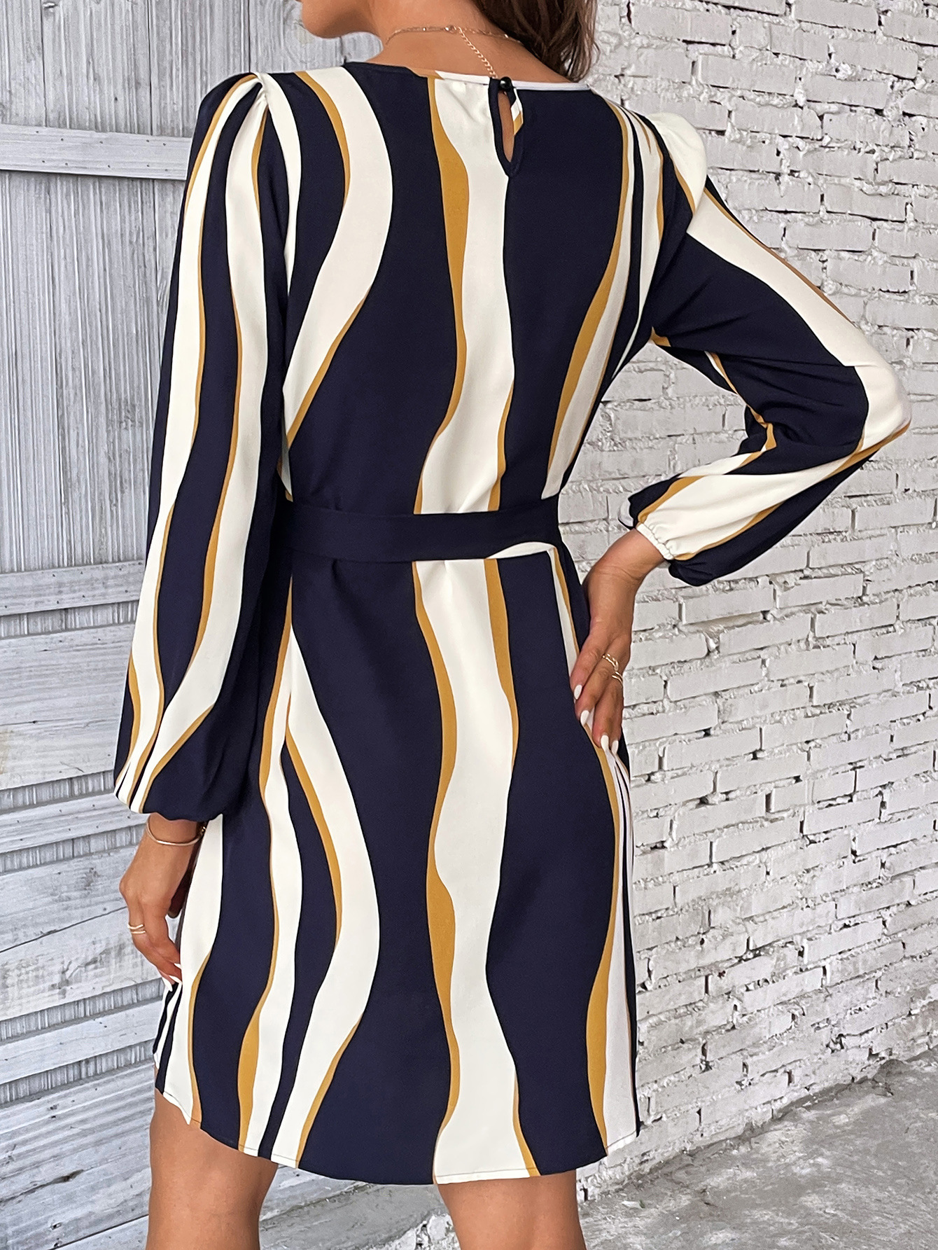 Women Multi Color Stripe Round Neck Lantern Sleeve Belt Dress Women Clothing