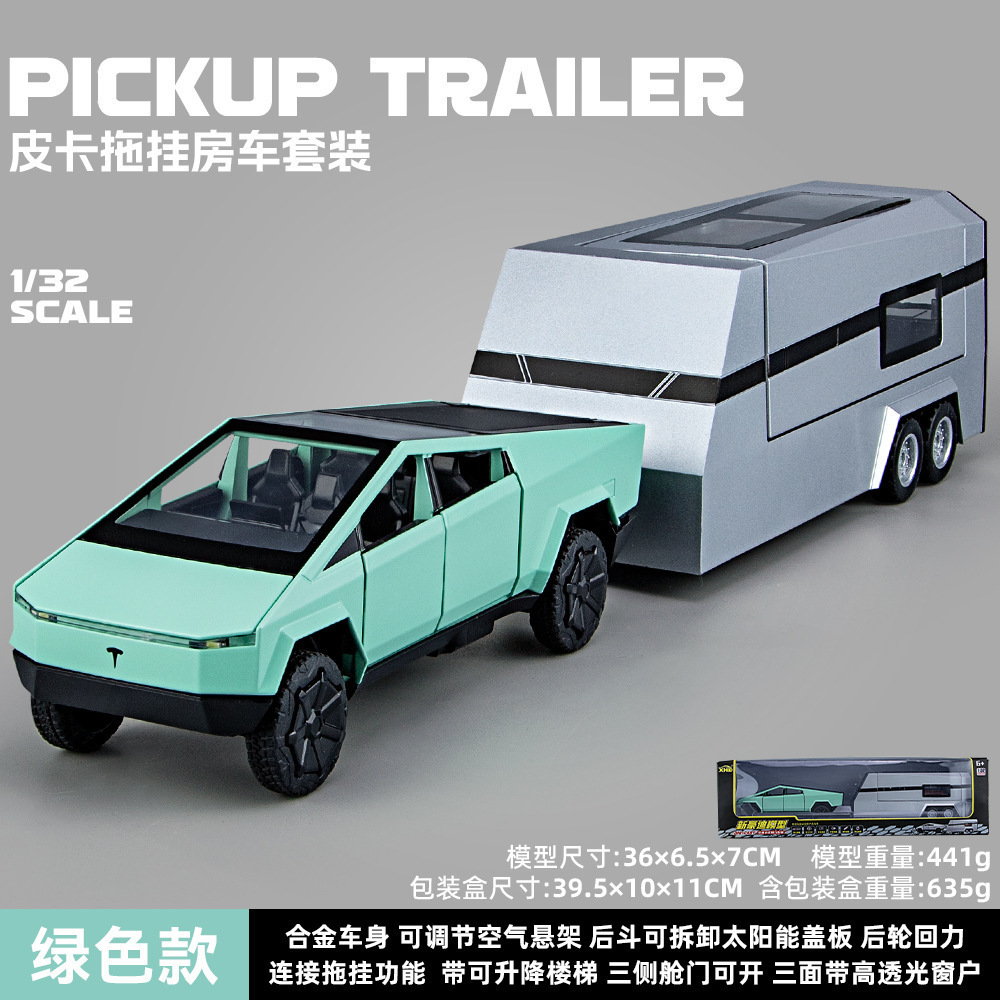 Nuevo modelo de coche de aleación Haodi 1:32 tesila camioneta remolque Tire hacia atrás el sonido y la luz juguete coche RV modelo adornos