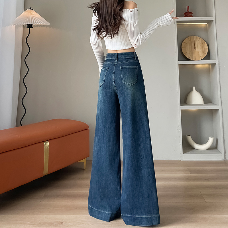 紺色の広脚ジーンズ女性秋冬2025年春秋新高腰ゆるいストレートラッパズボン|undefined