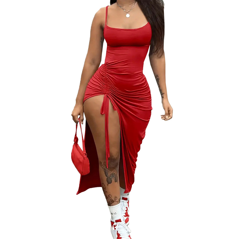 Sexy Ruched Drawstring Midi Dress with Side Slits Elegant Design Adjustable Fit Perfect for Parties Wholesale
