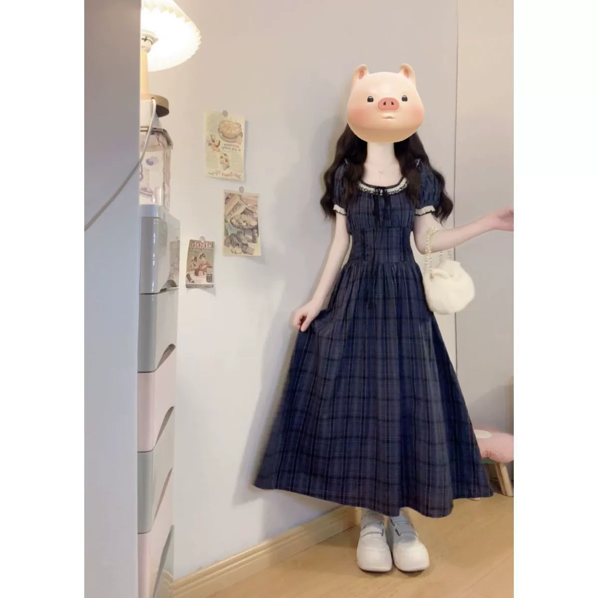 Плюс размер, французское кружевное платье в клетку с квадратным вырезом, женское летнее платье на шнуровке на талии, длинная юбка для похудения