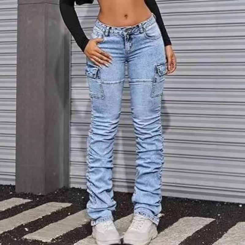 2026 New Cross-Border European and American Women's Multifunctional Stretch Jeans with Multi-Pocket Layered Design Wholesale