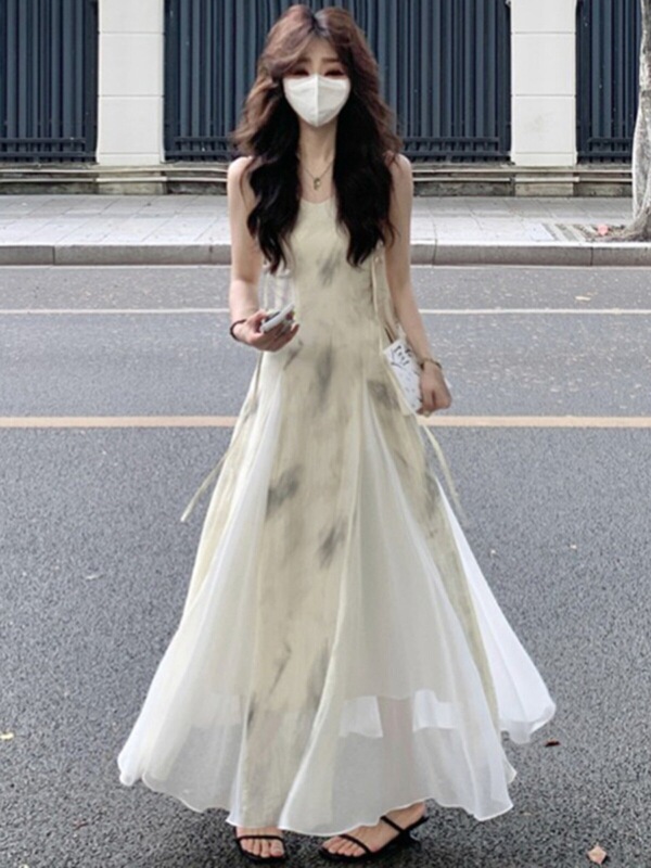 French-Style Ink Painting Floral Spaghetti Strap Dress for Women, Summer Fairy-Style Xinjiang Travel Outfit, Beach Vacation Floor-Length Dress