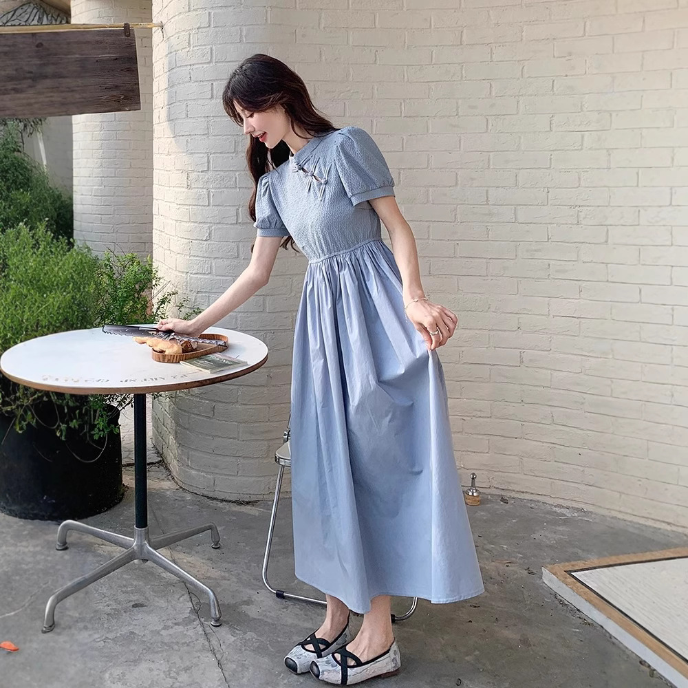 Blue Chinese Style For Women, Summer 2025 New Model, Improved Cheongsam, Elegant And Slimming Long A-line Dress_ecoleips.com