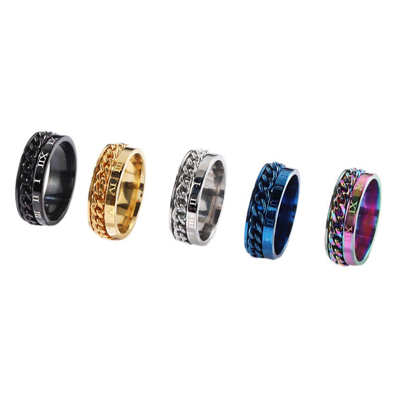 Transfronterizo europeo y americano elegante joyería de Acero Inoxidable marca palabra romana cadena giratoria anillo de acero de titanio fabricante de los hombres