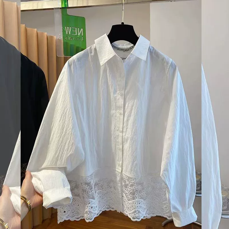 Весенняя кружевная белая рубашка, тренд сезона, западный стиль, oversize