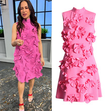 欧美气质名媛风短裙  2025夏季新款重工立体花朵拼接系带连衣裙女