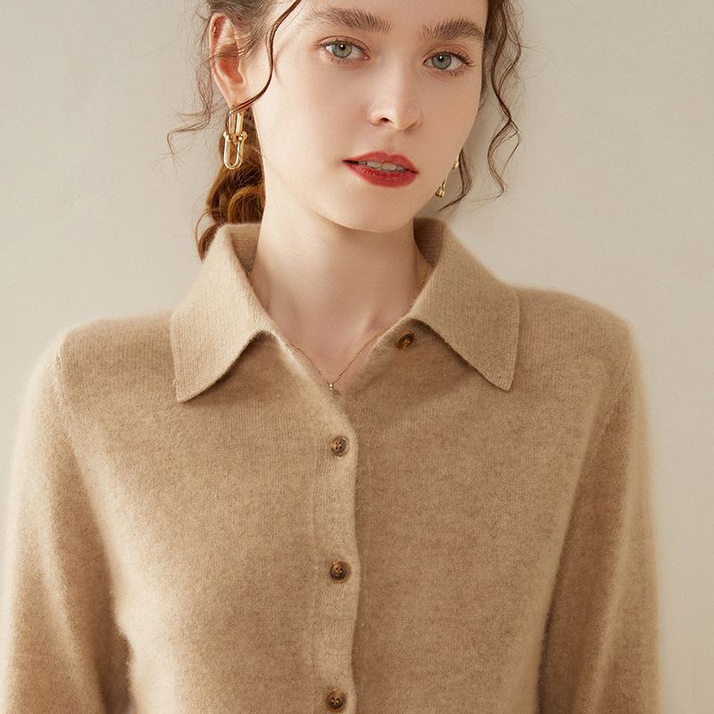 Ordos City's New Cashmere Sweater for Women, 100% Pure Cashmere Shirt, Polo Collar Knitted Cardigan Jacket, Base Layer Shirt