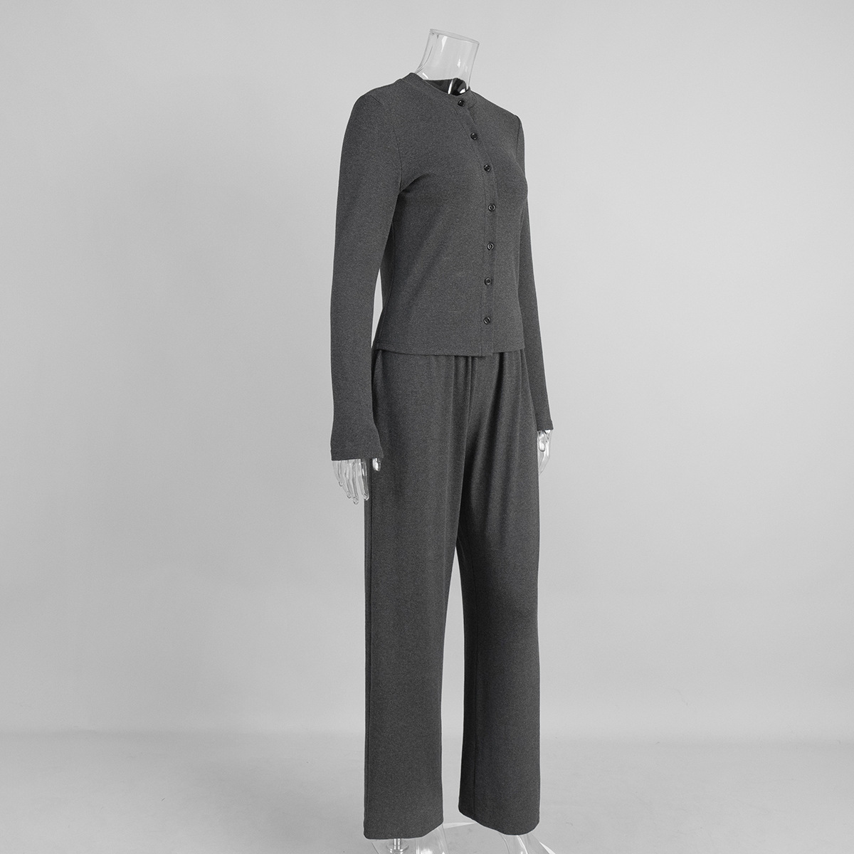 Geribbeld gebreide set met mock neck vest en broek voor dames_voghion.com