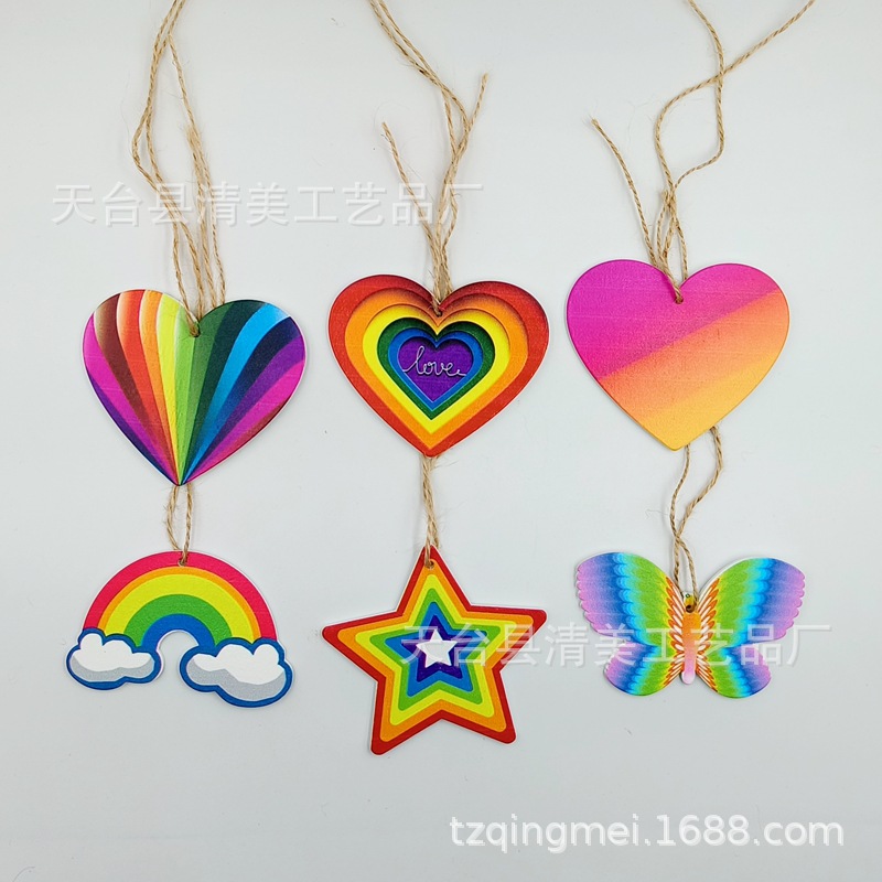 8cm arco iris en forma de corazón mariposa estrella de cinco puntas Arco Iris colgante de madera listado de bodas Día de San Valentín suministros Decoración