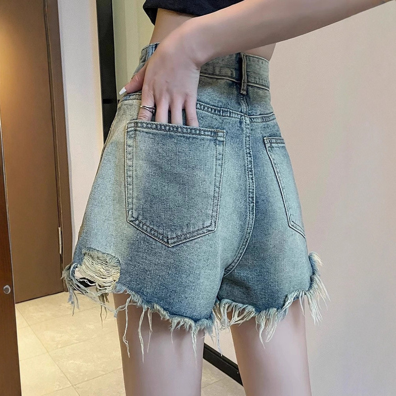 Plus-Size Ripped Denim Shorts for Women, Popular Summer Thin Style, Pear-Shaped, Hip-Covering, High-Waisted A-Line Wide-Leg Hot Pants