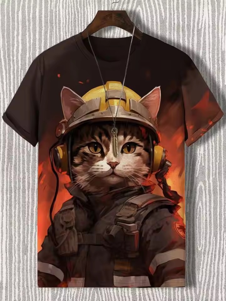 Tinta Jianghu Cat Dog Hero 3D Impresión digital Spot Moda callejera para hombres Camiseta de manga corta con cuello redondo y hombro