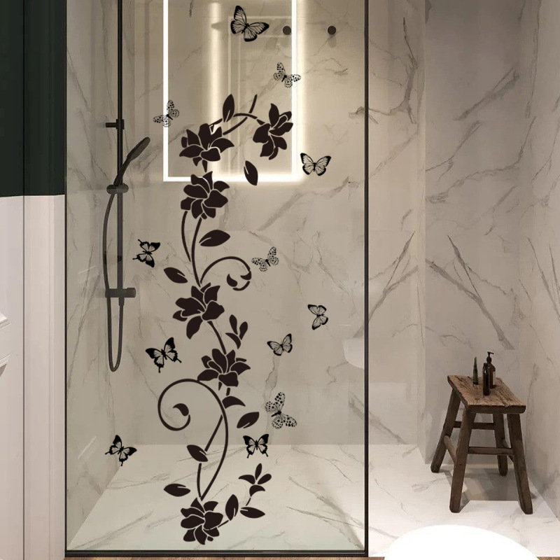 New Black Simple Floral Butterfly Vine Mirror Glass Sticker Home Bathroom Decoration Self-Adhesive Wall Sticker Waterproof