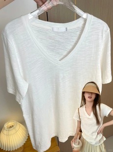 Summer Breathable Cotton Loose Casual Top Bamboo Cotton V Neck Right Shoulder Short-Sleeved T-Shirt Women's Lazy White Bottoming Shirt
