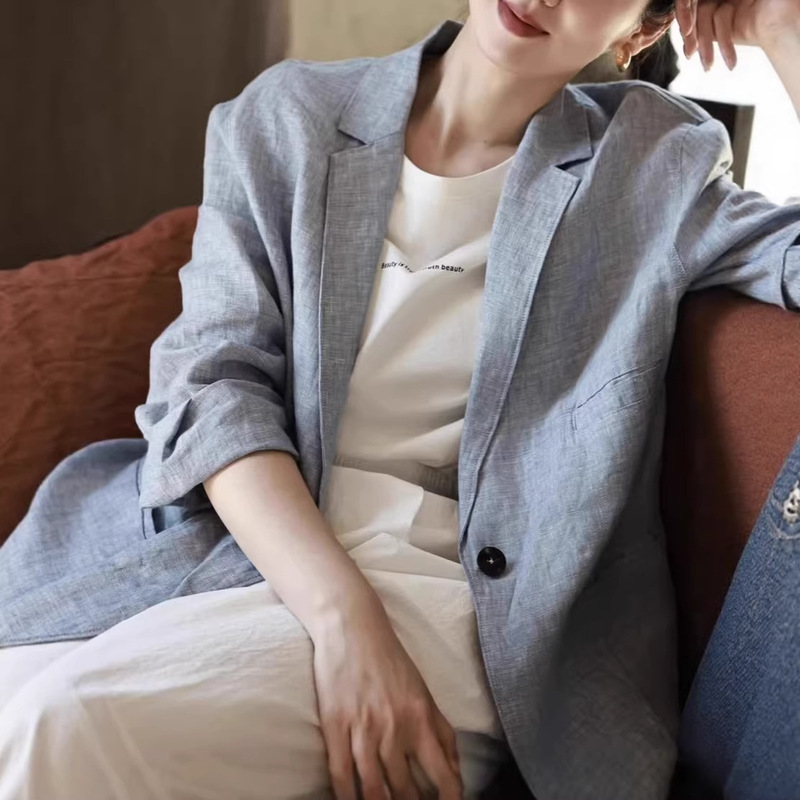 LP-style Commuting Linen Blazer for Women, Spring/Summer Old Money Style, Mid-length Versatile Casual Linen Suit LP-style Commuting Linen Blazer for Women, Spring/Summer Old Money Style, Mid-length Versatile Casual Linen Suit