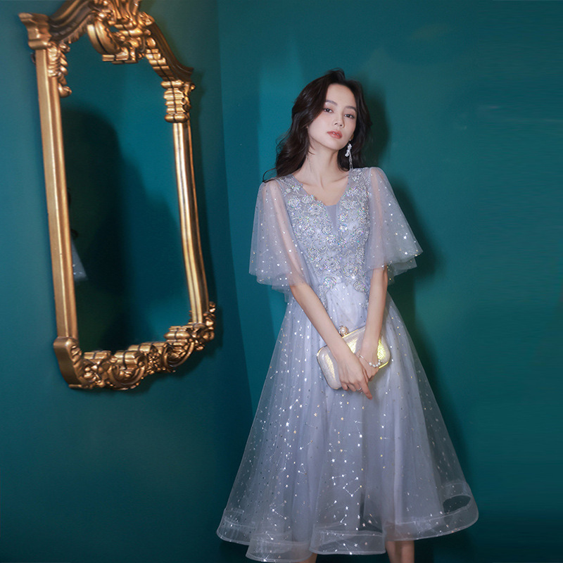 Blue Fairy-Like Evening Dress 2026 Autumn and Winter New Slim-Fit Petite Dress That Enhances Complexion and Slimness, Suitable for Banquets and Bridesmaids Blue Fairy-Like Evening Dress 2026 Autumn and Winter New Slim-Fit Petite Dress That Enhances Complexion and Slimness, Suitable for Banquets and Bridesmaids