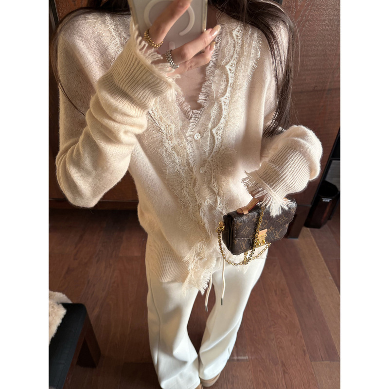 Superniniyy Wool Fuzzy Cream-Colored Embroidered Lace Cardigan Knit Sweater # 4521D Superniniyy Wool Fuzzy Cream-Colored Embroidered Lace Cardigan Knit Sweater # 4521D
