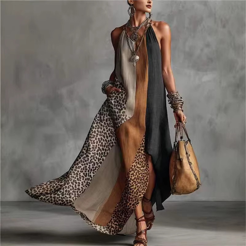 2026 Summer European and American Cross-Border Bohemian Slit Sleeveless Dress with Colorful Print, Long Dress with a High-End Feel