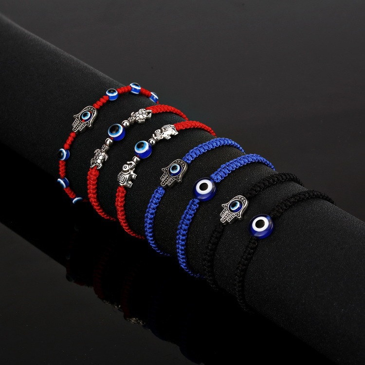 Cross-border Hot Sale New Turtle Two Round Beads Blue Eyes Evil Eyes Black Woven Live Bracelet Lucky Red Rope