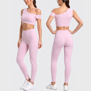 AYM041823 Lace-Trim Off-Shoulder Yoga Pants Set High-Elastic Naked Feel Aoyema wholesale