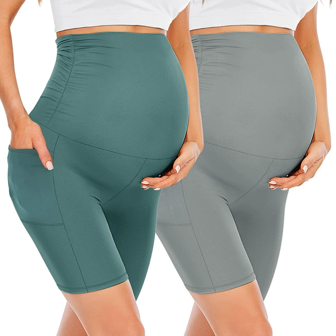 Летние бесшовные шорты для беременных с высокой талией, универсальные леггинсы-шорты с пятью уровнями поддержки живота и карманами