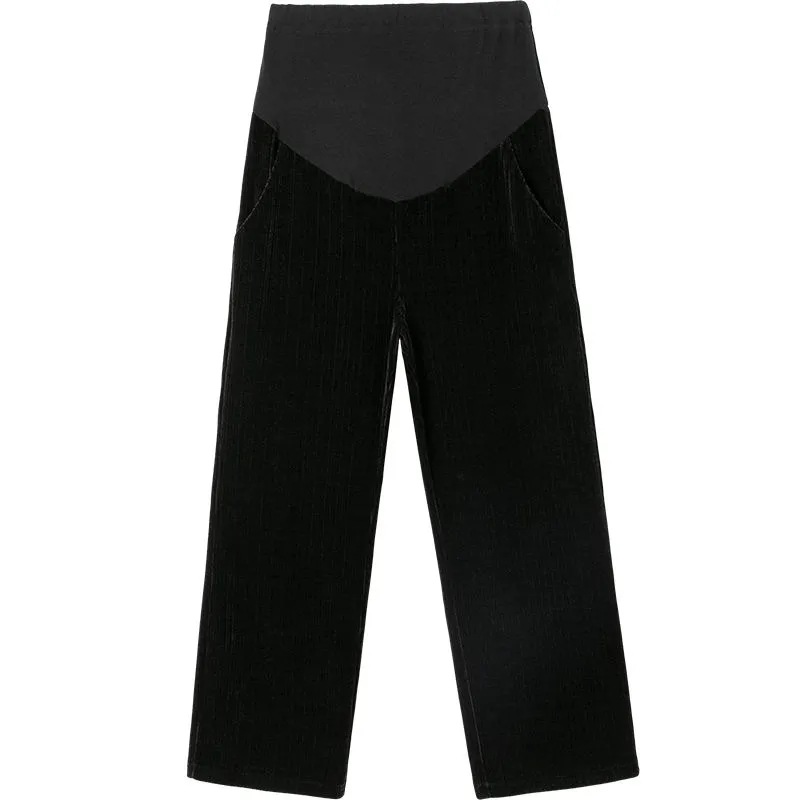 Pantalones de primavera y otoño de las mujeres embarazadas Pantalones anchos de terciopelo chenille pantalones de verano ropa exterior pantalones casuales nuevos pantalones de apoyo del vientre con forro polar rectos