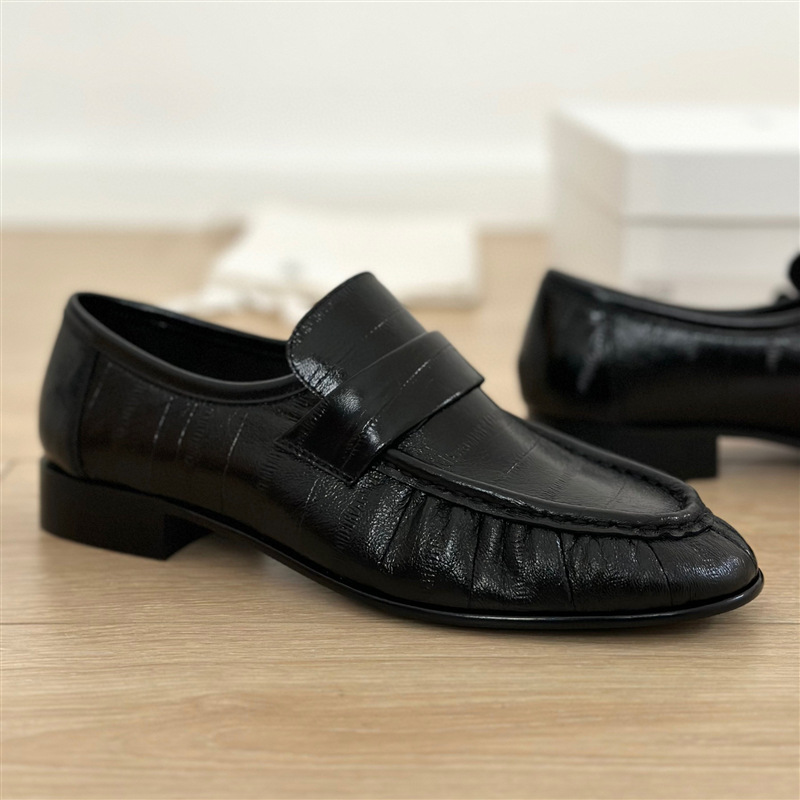 T*R金色复古鳗鱼纹牛皮乐福鞋女春真皮圆头平底单鞋一脚蹬小皮鞋