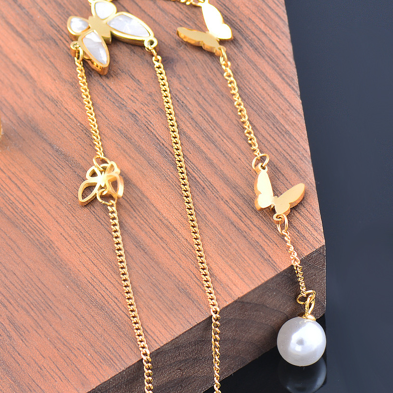 Fashion Butterfly Titanium Steel Inlay Shell Pendant Necklace 1 Piece 1 Pair