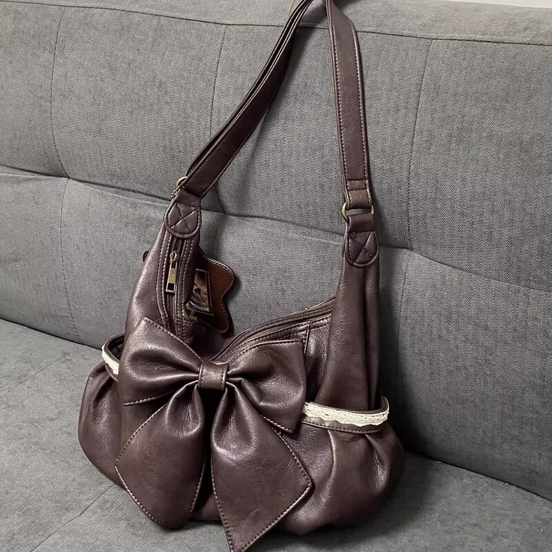 Retro Brown Lace Bow Shoulder Bag 2025 New Lightweight Literary Large Capacity Crossbody Tote Bag