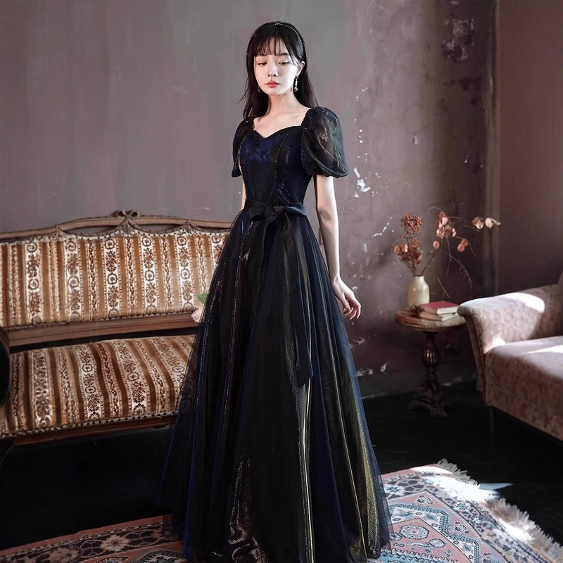Black Square Neck New Dress, Light Luxury and High-End Adult Ceremony Birthday Party Evening Dress, Long Style, Slimming and Elegant