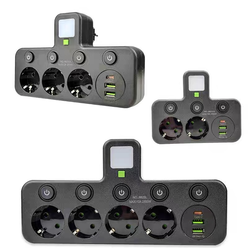 Tomada padrão alemã europeia com carregamento rápido USB, interruptor, controle independente, régua de energia com múltiplas portas e proteção contra sobrecarga._voghion.com