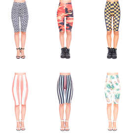 格子条纹蛇纹高腰运动五分裤欧美印花打底裤女跨境外贸leggings