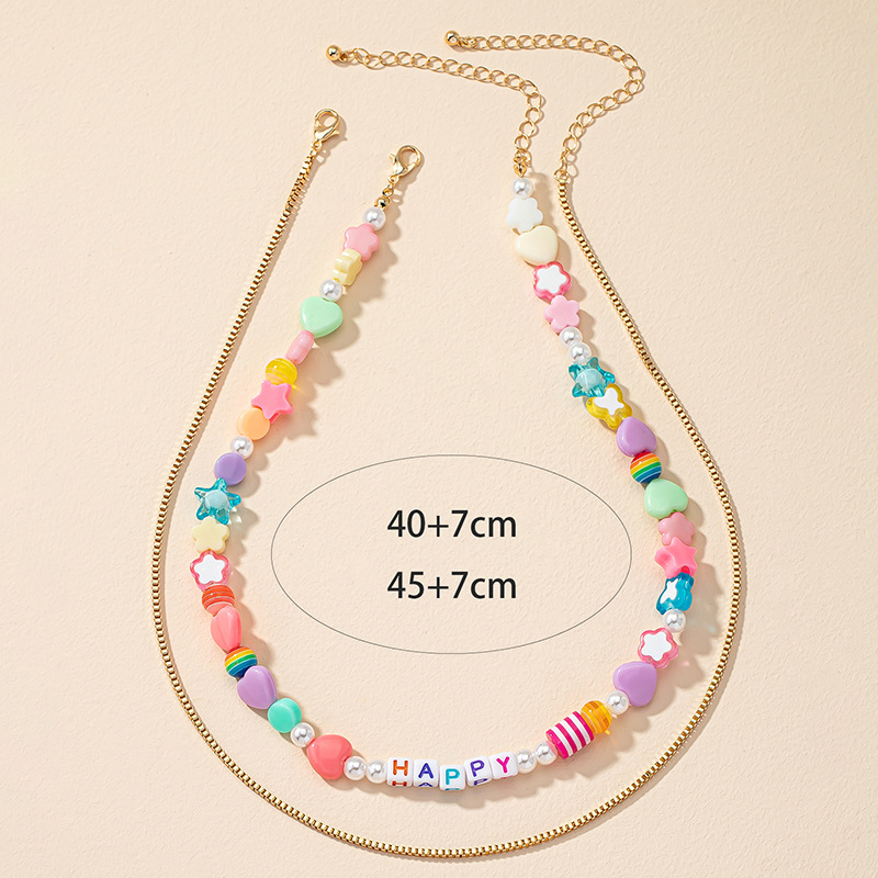 Sweet Geometric Arylic Alloy Beaded Layered Necklace 2 Pieces