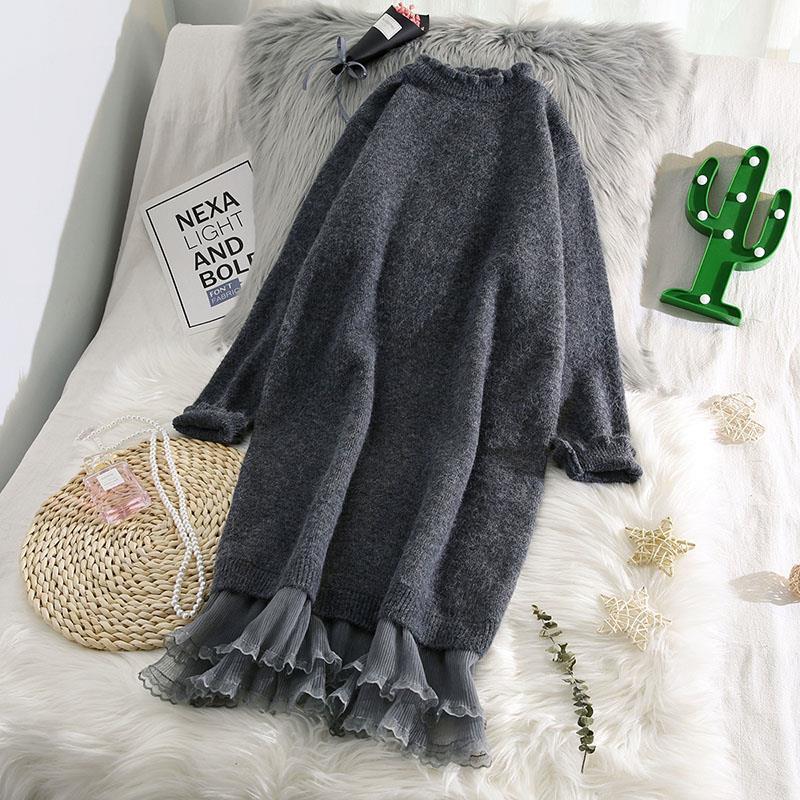 Autumn and Winter New Knitted Long Sweater for Women, Korean Style Loose Outerwear, Knee-Length Base Sweater Dress, Lace Long Sweater